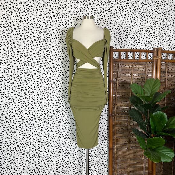 REVOLVE Dresses & Skirts - NEW Majorelle | Revolve Darla Olive Green Cut Out Tie Ruched Sexy Midi Dress XXS